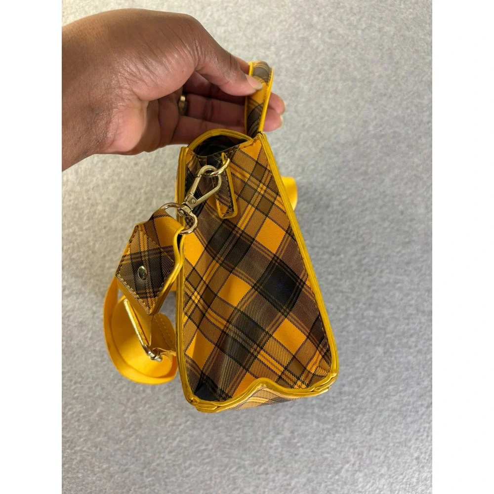 Yellow Plaid Crossbody Satchel Bag Gold Hardware Adjustable Strap Top Handle - Picture 16 of 16